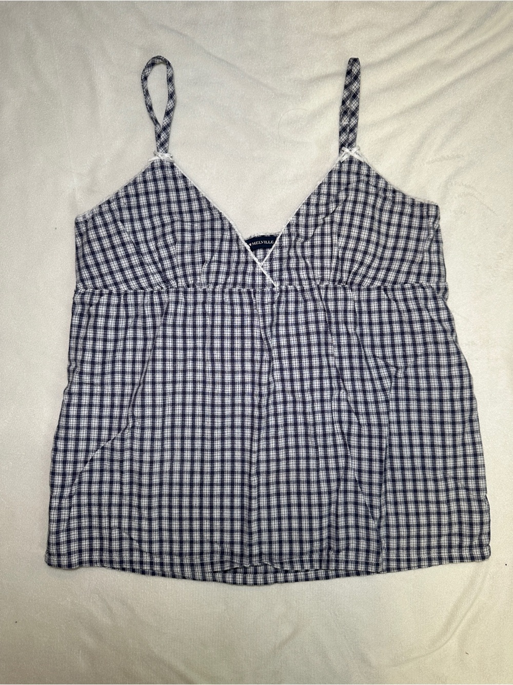Brandy Melville Plaid Babydoll Cami Tank Top Navy White One Size